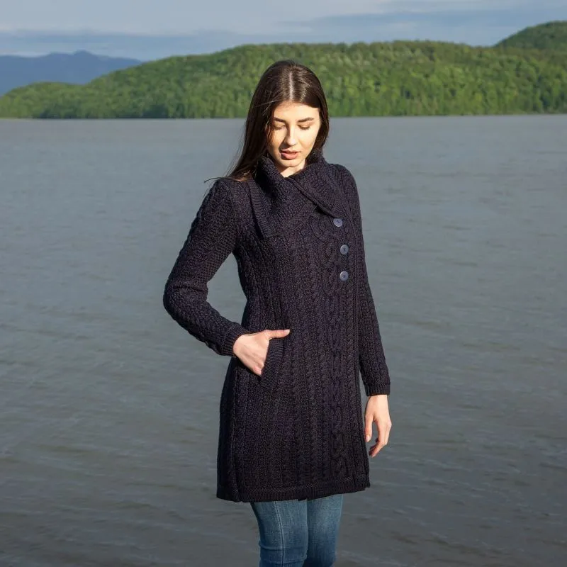 A20156 NAVY Colour Asymmetrical Sweater Coat Made of Merino Wool Gaelsong