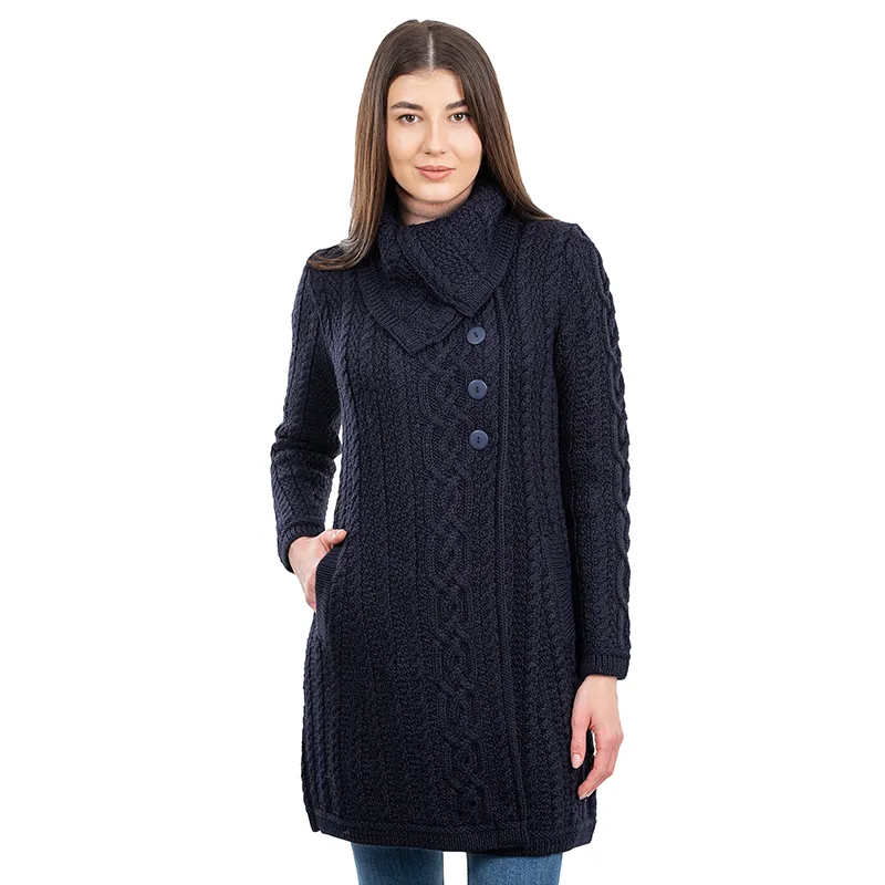 A20156 NAVY Colour Asymmetrical Sweater Coat Made of Merino Wool Studio Gaelsong