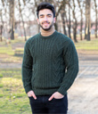 Traditional Aran Crew Neck Sweater Made of Merino Wool Army Green Gaelsong