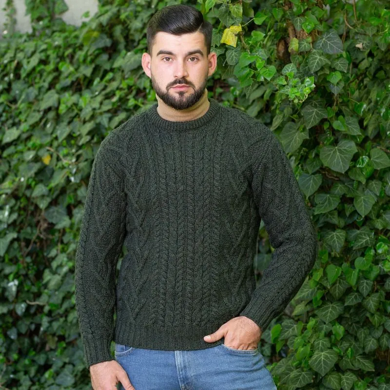 A20158 ARMY GREEN Colour Men's Aran Crew-Neck Sweater Gaelsong