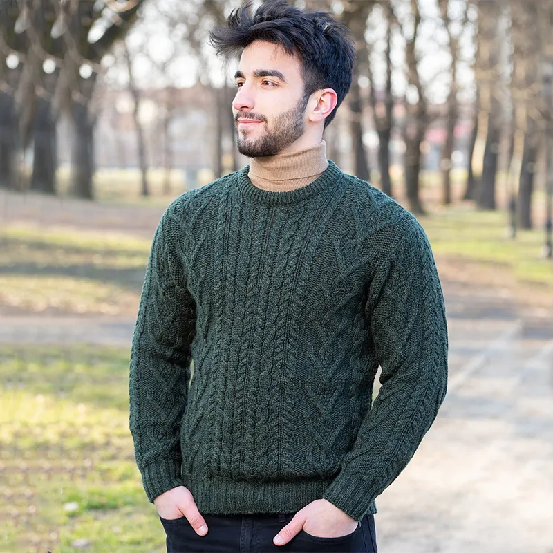 A20158 ARMY GREEN Colour Men's Aran Crew-Neck Sweater Gaelsong