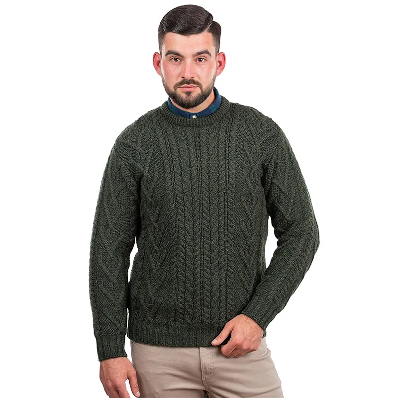 A20158 ARMY GREEN Colour Men's Aran Crew-Neck Sweater Studio Gaelsong
