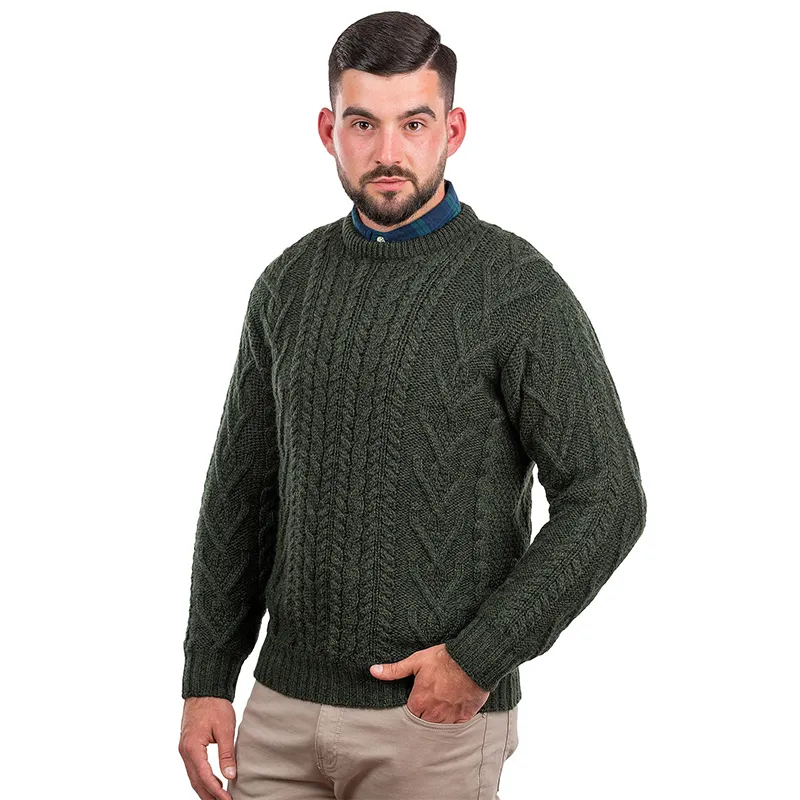 A20158 ARMY GREEN Colour Men's Aran Crew-Neck Sweater Side View Gaelsong