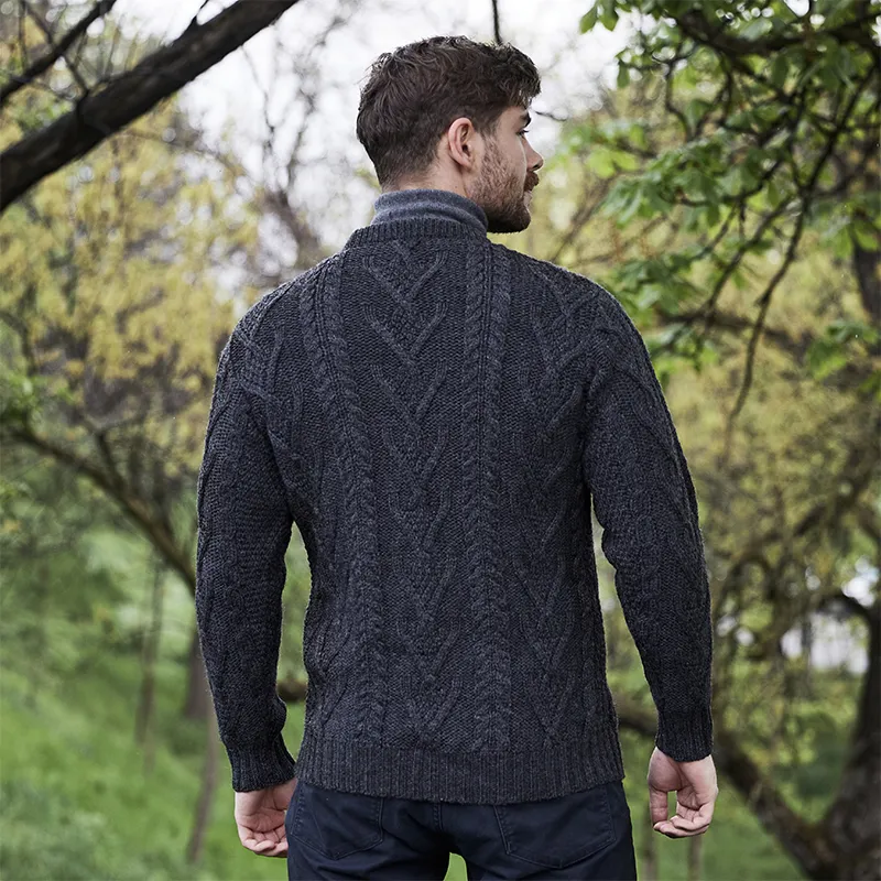 A20158 CHARCOAL Colour Men's Aran Crew-Neck Sweater Back Side View Gaelsong