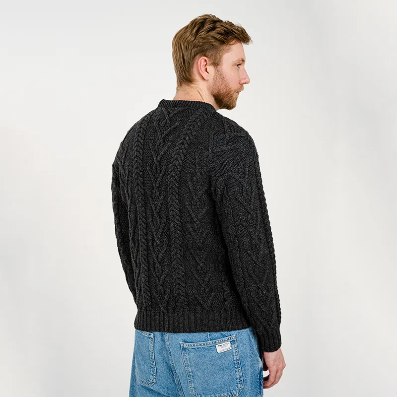 A20158 CHARCOAL Colour Men's Aran Crew-Neck Sweater Studio Back Side Gaelsong