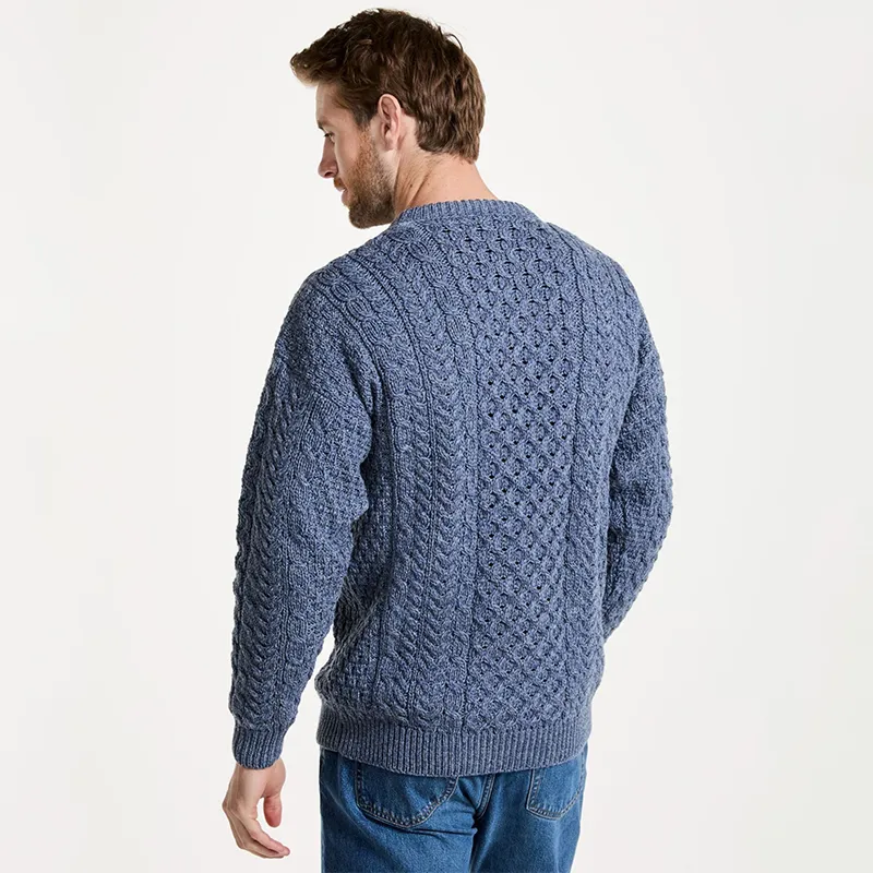 A20182 DENIM BLUE Colour Colour Heavyweight Traditional Irish Fisherman Sweater Back Side View Gaelsong 