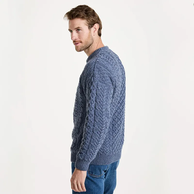 A20182 DENIM BLUE Colour Colour Heavyweight Traditional Irish Fisherman Sweater Side View Gaelsong 