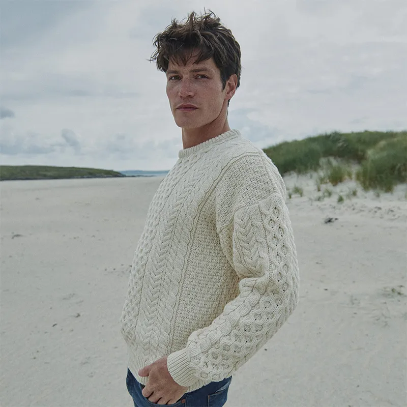 A20182 NATURAL WHITE Colour Heavyweight Traditional Irish Fisherman Sweater Side View Gaelsong 