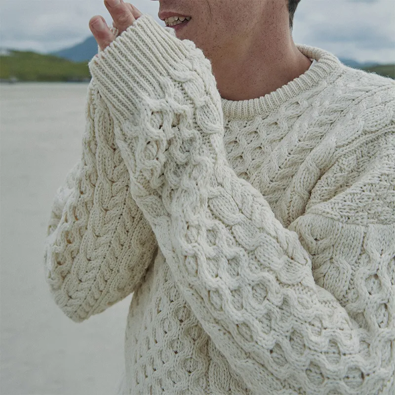 A20182 NATURAL WHITE Colour Heavyweight Traditional Irish Fisherman Sweater Sleeve View Gaelsong 