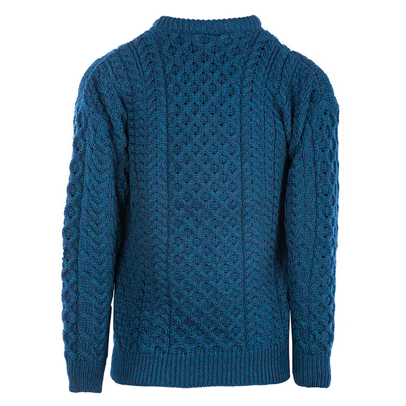 A20182 TEAL BLUE Colour Heavyweight Traditional Irish Fisherman Sweater Studio Back Side Gaelsong 
