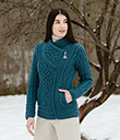 Cable Knit Side Zip Cardigan Made of Merino Wool Teal Color Winter Lifestyle 2 Gaelsong