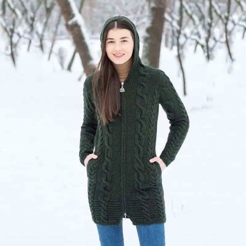 A20184 ARMY GREEN Colour Aran Cable Knit Hooded Zip Coatigan Lifestyle Gaelsong