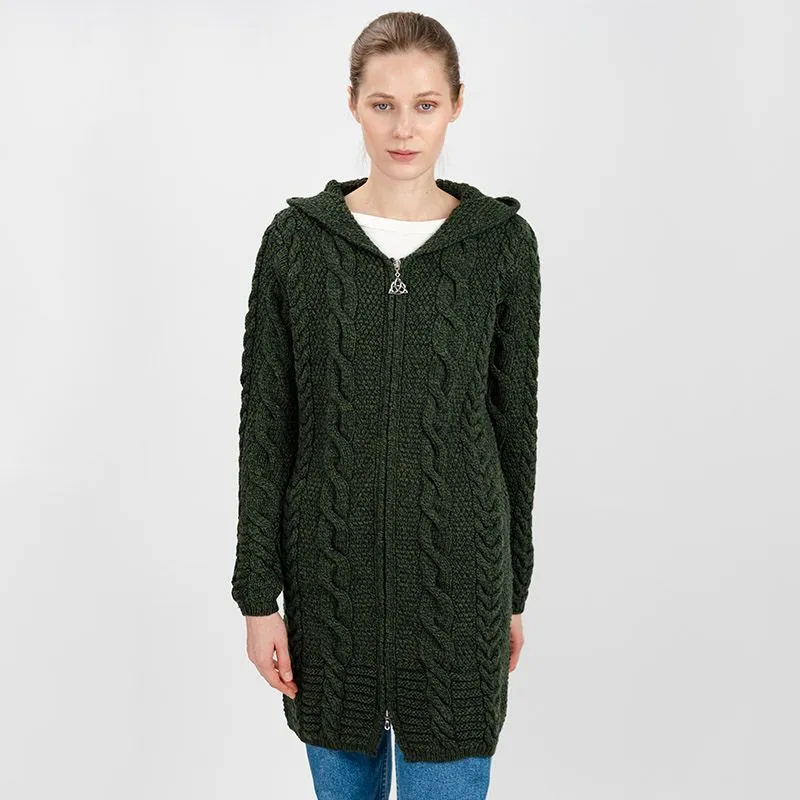 A20184 ARMY GREEN Colour Aran Cable Knit Hooded Zip Coatigan Gaelsong