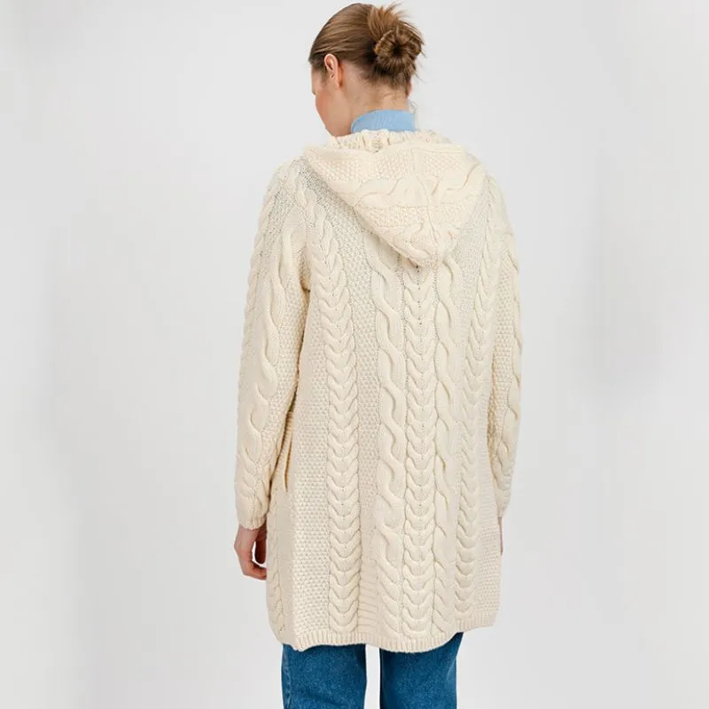 A20184 NATURAL WHITE Colour Aran Cable Knit Hooded Zip Coatigan Gaelsong