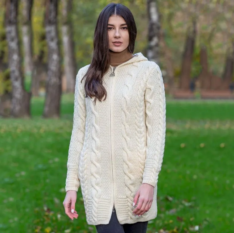 A20184 NATURAL WHITE Colour Aran Cable Knit Hooded Zip Coatigan Gaelsong