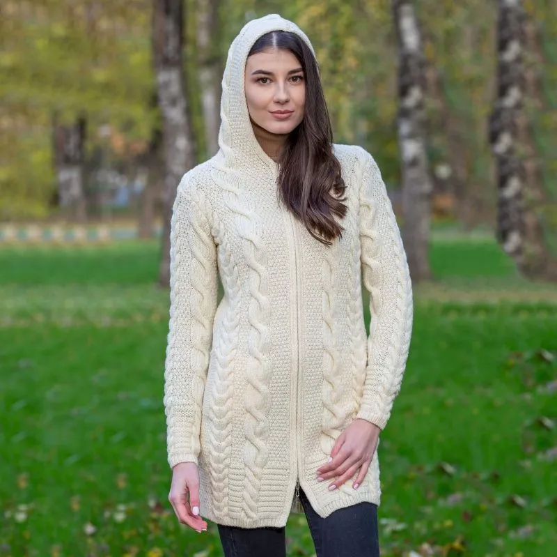 A20184 NATURAL WHITE Colour Aran Cable Knit Hooded Zip Coatigan HOOD on STYLE  Gaelsong