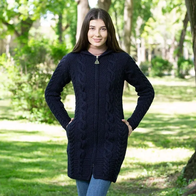 A20184 NAVY Colour Aran Cable Knit Hooded Zip Coatigan Lifestyle Gaelsong