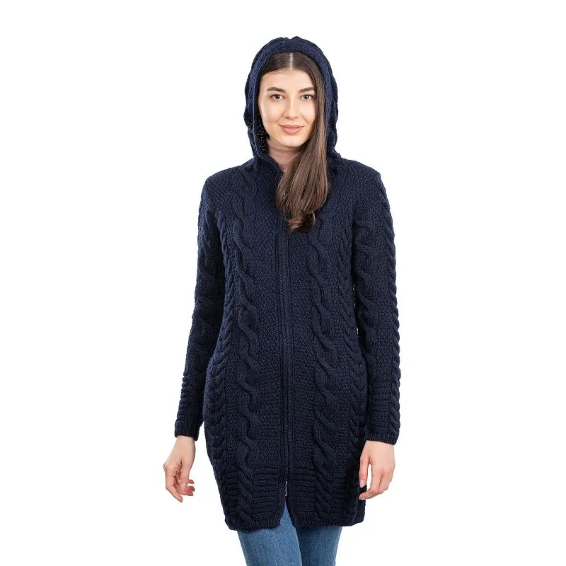 A20184 NAVY Colour Aran Cable Knit Hooded Zip Coatigan Studio  Gaelsong