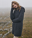  Traditional Aran Long Cable Knit Full Zip Cardigan with Hood Made of Merino Wool Charcoal Lifestyle 1 Gaelsong