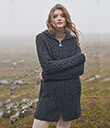  Traditional Aran Long Cable Knit Full Zip Cardigan with Hood Made of Merino Wool Charcoal Lifestyle 2 Gaelsong