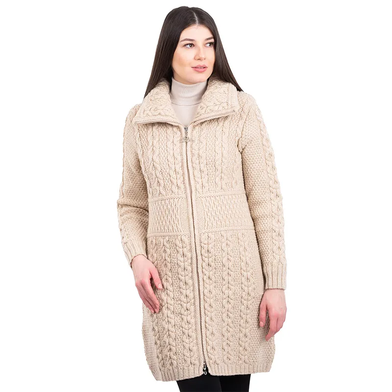A20196 NATURAL WHITE Colour Double Collar Zip Cardigan Studio Front Gaelsong