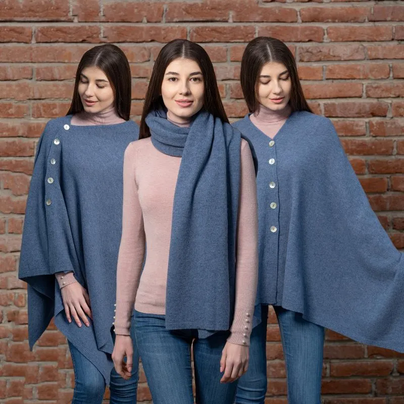 A20216 BLUE Colour Lambswool Shawl Lifestyle Different Styling Gaelsong 