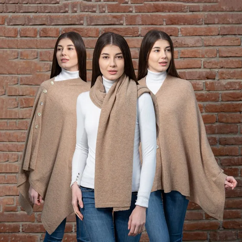 A20216 CAMEL Colour Lambswool Shawl Lifestyle Different Styling Gaelsong 