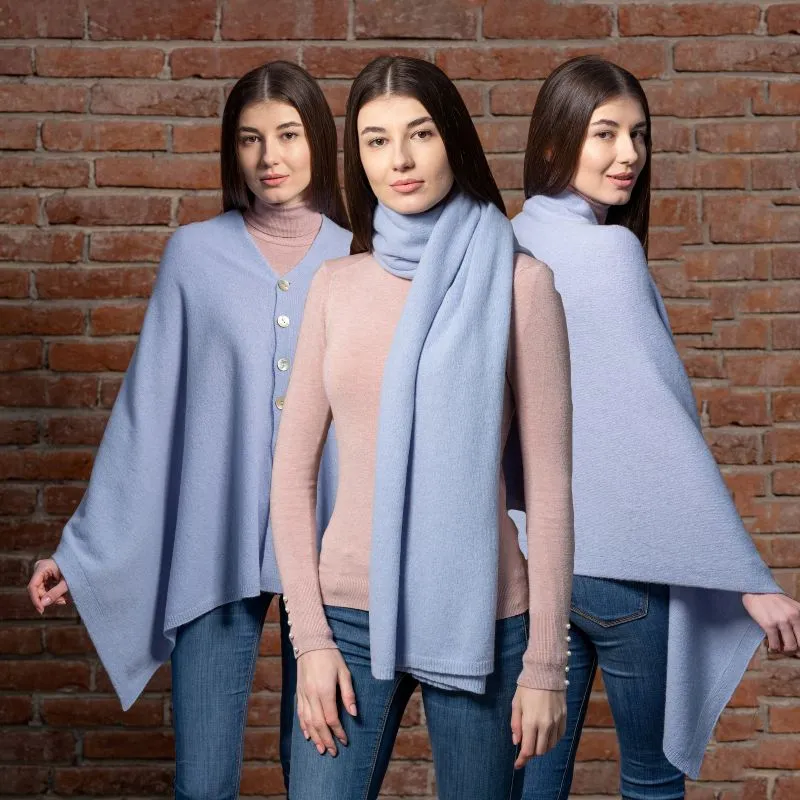 A20216 LIGHT BLUE Colour Lambswool Shawl Lifestyle Different Styling Gaelsong 