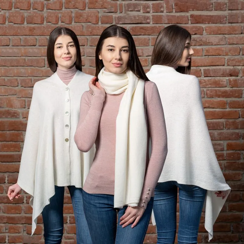 A20216 WHITE Colour Lambswool Shawl Lifestyle Different Styling Gaelsong 