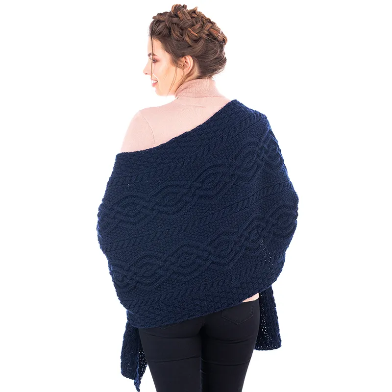 A20219 NAVY Color Ladies Classic Cable Wool Wrap Studio Side Back View Gaelsong
