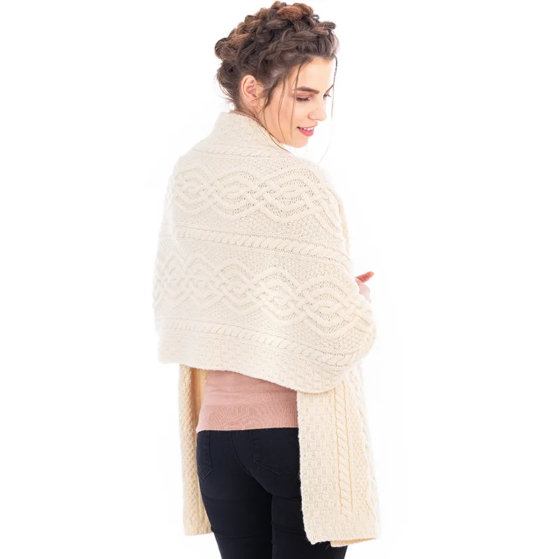 A20219 WHITE Color Ladies Classic Cable Wool Wrap Studio Side Back View Gaelsong
