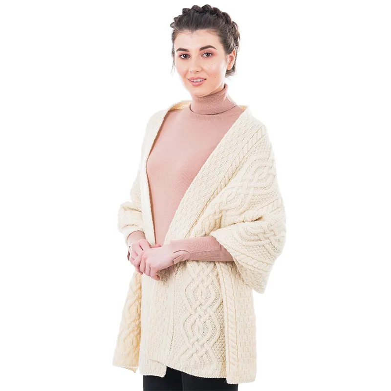A20219 WHITE Color Ladies Classic Cable Wool Wrap Studio Side View Gaelsong