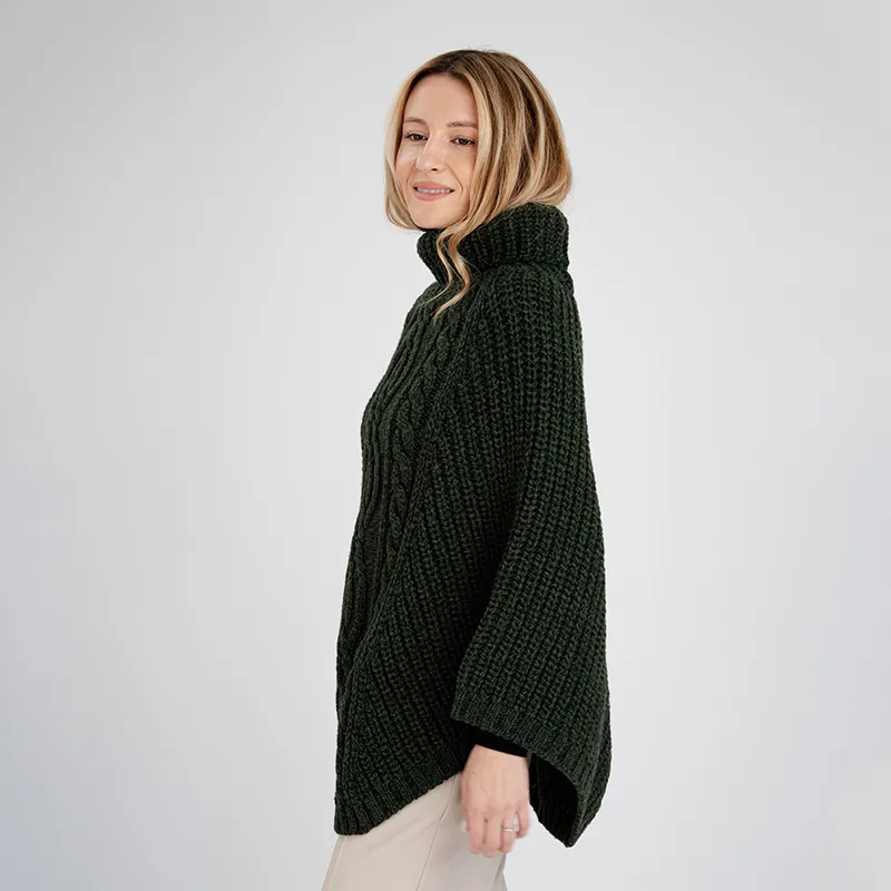 A20221 ARMY GREEN Colour Cable Stitch Poncho Side View Gaelsong