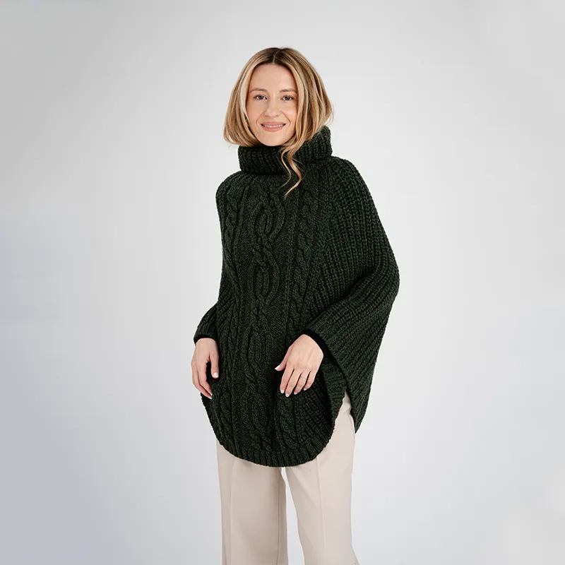 A20221 ARMY GREEN Colour Cable Stitch Poncho Studio Gaelsong