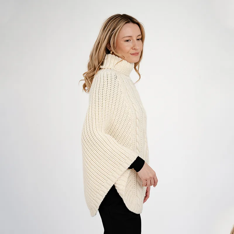 A20221 WHITE Colour Cable Stitch Poncho Side View Gaelsong