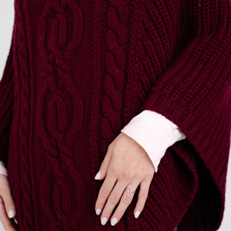 A20221 WINE RED Colour Cable Stitch Poncho Studio Gaelsong