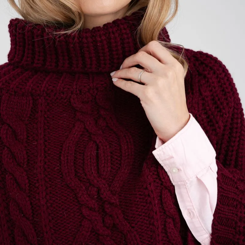 A20221 WINE RED Colour Cable Stitch Poncho Closeup Details Gaelsong