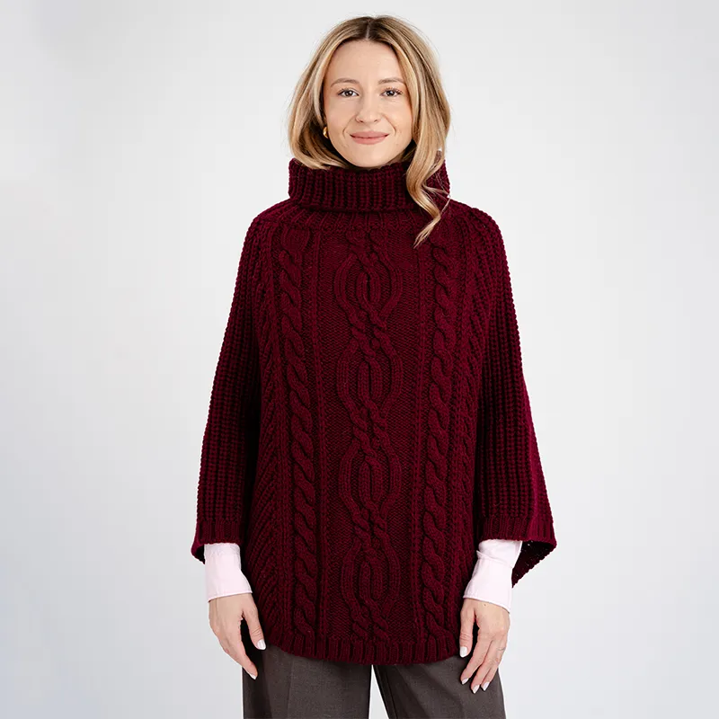 A20221 WINE RED Colour Cable Stitch Poncho Gaelsong