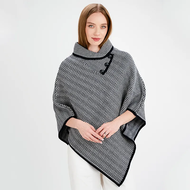 A20222 NAVY Colour Ladies Herringbone Cape Grey Irish Merino Wool Studio Front Gaelsong
