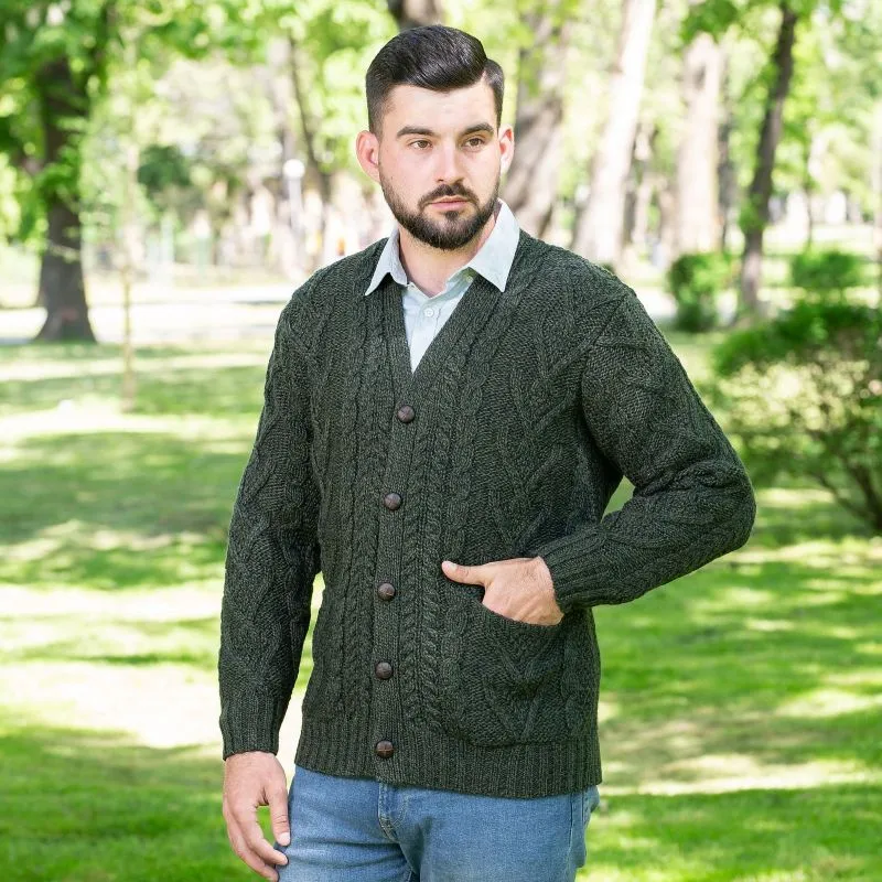 A20229 ARMY GREEN Colour Men's Merino Wool Cardigan Lifestyle Gaelsong