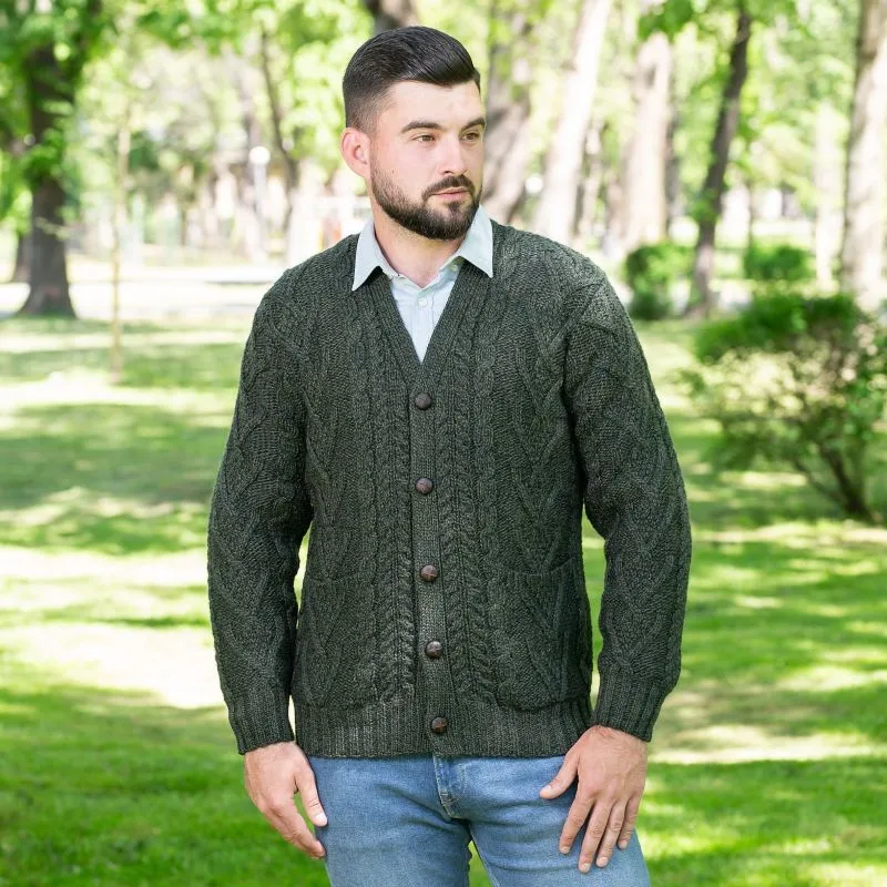 A20229 ARMY GREEN Colour Men's Merino Wool Cardigan Gaelsong