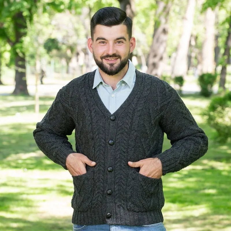 A20229 CHARCOAL Colour Men's Merino Wool Cardigan Gaelsong