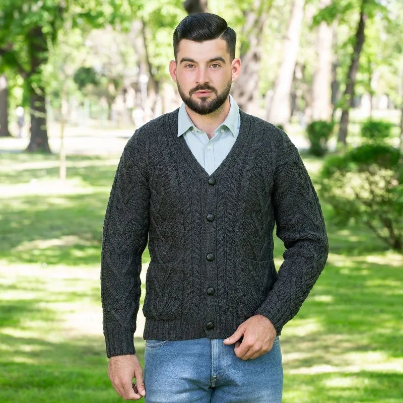 A20229 CHARCOAL Colour Men's Merino Wool Cardigan Gaelsong