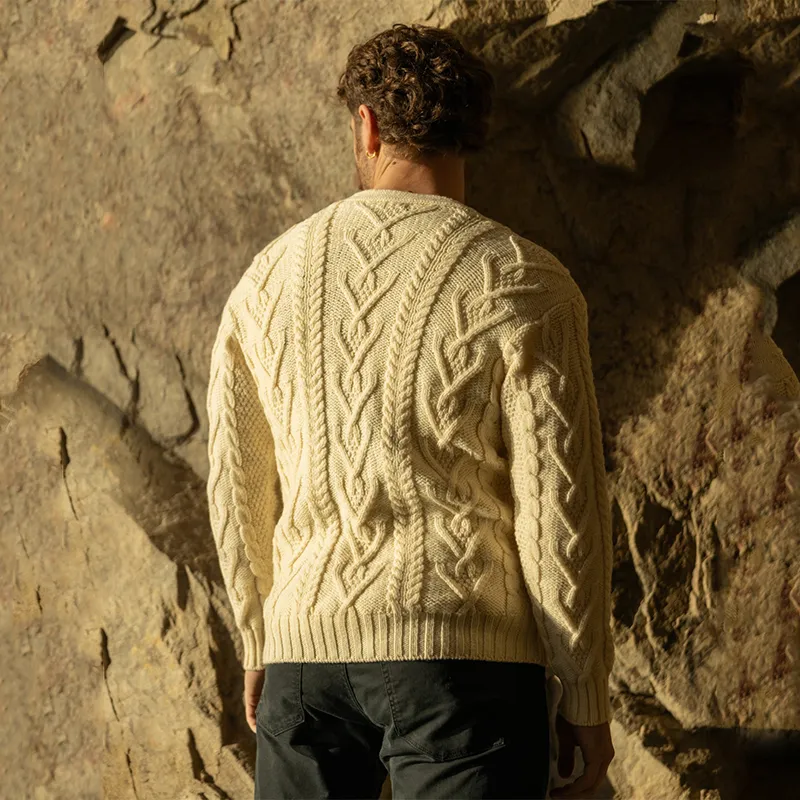 A20229 NATURAL WHITE Colour Men's Merino Wool Cardigan Back Side View Gaelsong