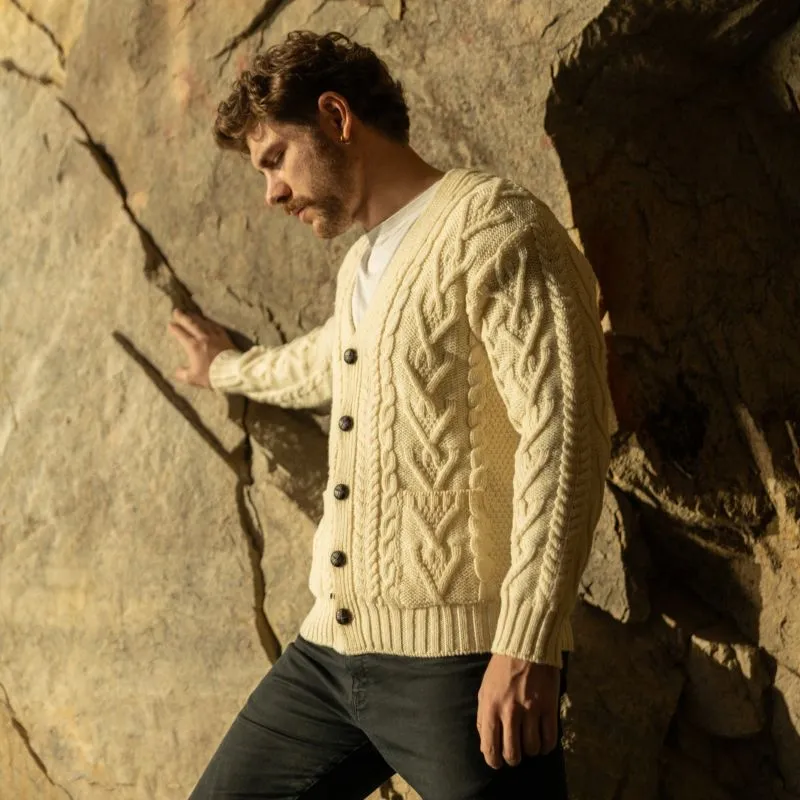 A20229 NATURAL WHITE Colour Men's Merino Wool Cardigan Side View Gaelsong