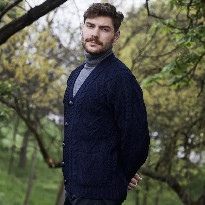 A20229 NAVY BLUE Colour Men's Merino Wool Cardigan Side View Gaelsong