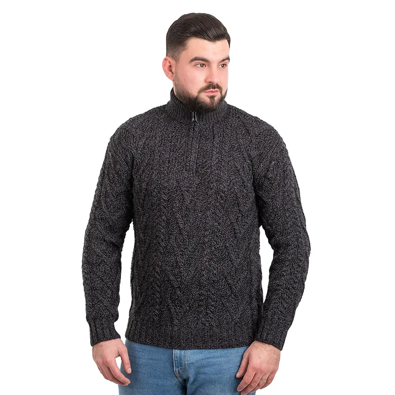 A20230 Fisherman Quarter Zip Sweater in Dark Grey Colour Front Studio Gaelsong