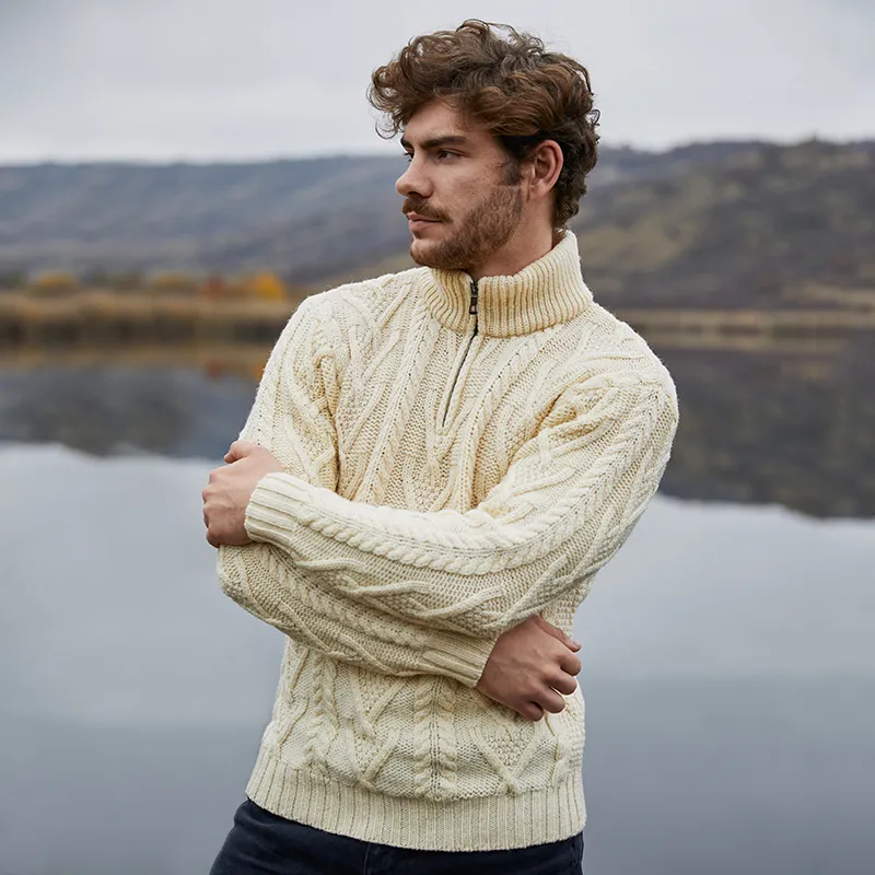 A20230 NATURAL WHITE Colour Fisherman Quarter Zip Sweater Sleev Knit View Gaelsong 
