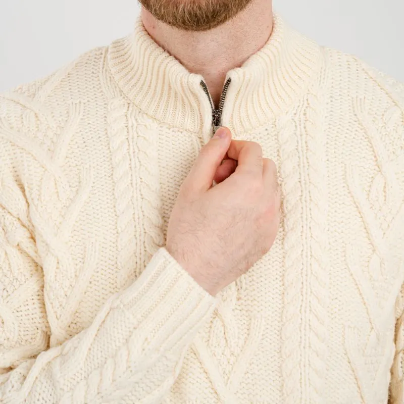 A20230 NATURAL WHITE Colour Fisherman Quarter Zip Sweater Studio Closeup View Gaelsong 