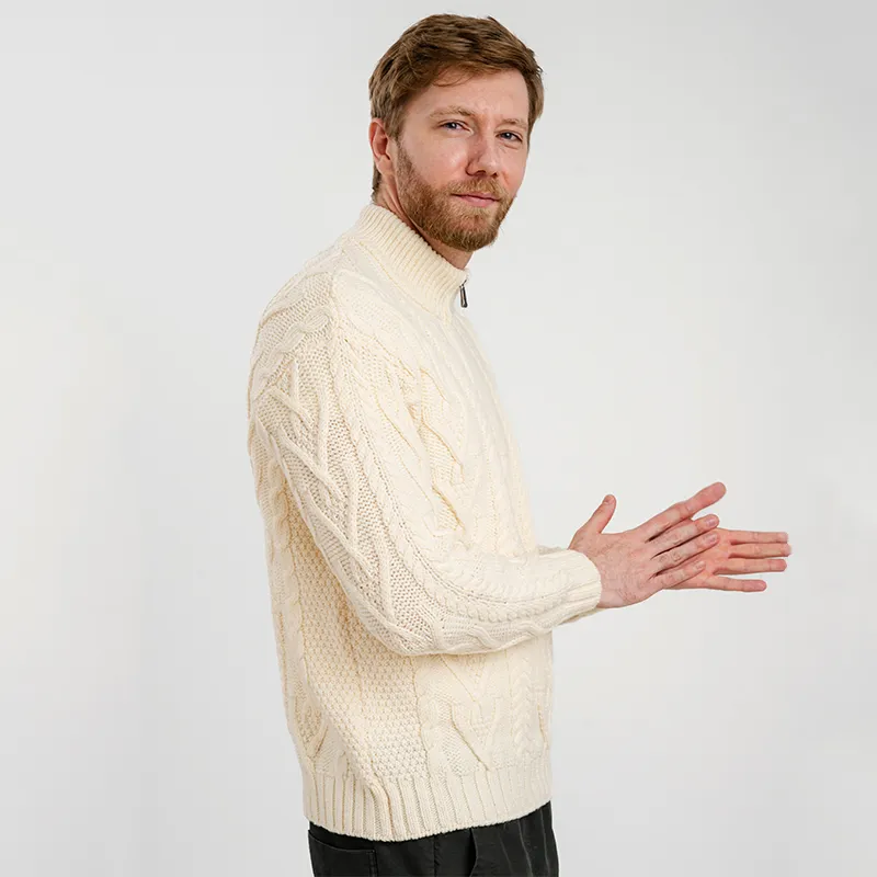 A20230 NATURAL WHITE Colour Fisherman Quarter Zip Sweater Studio Side View Gaelsong 